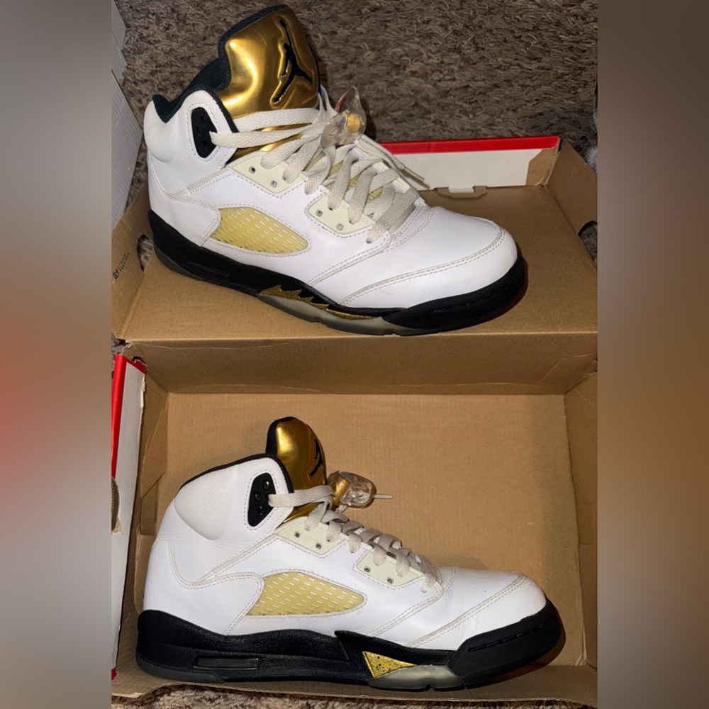 Nike Air Jordan “Olympic 5s” 7 Youth or 9 Women’s or 7 Men’s 
White/Gold
